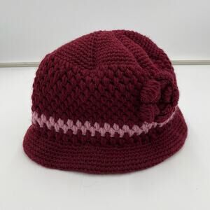 Hand Knit Adult Maroon Flower Accent Bucket Hat